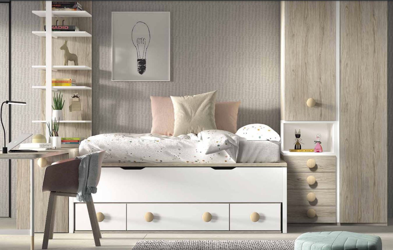 Decoración juvenil gris y beige con cama nido, armario y almacenaje